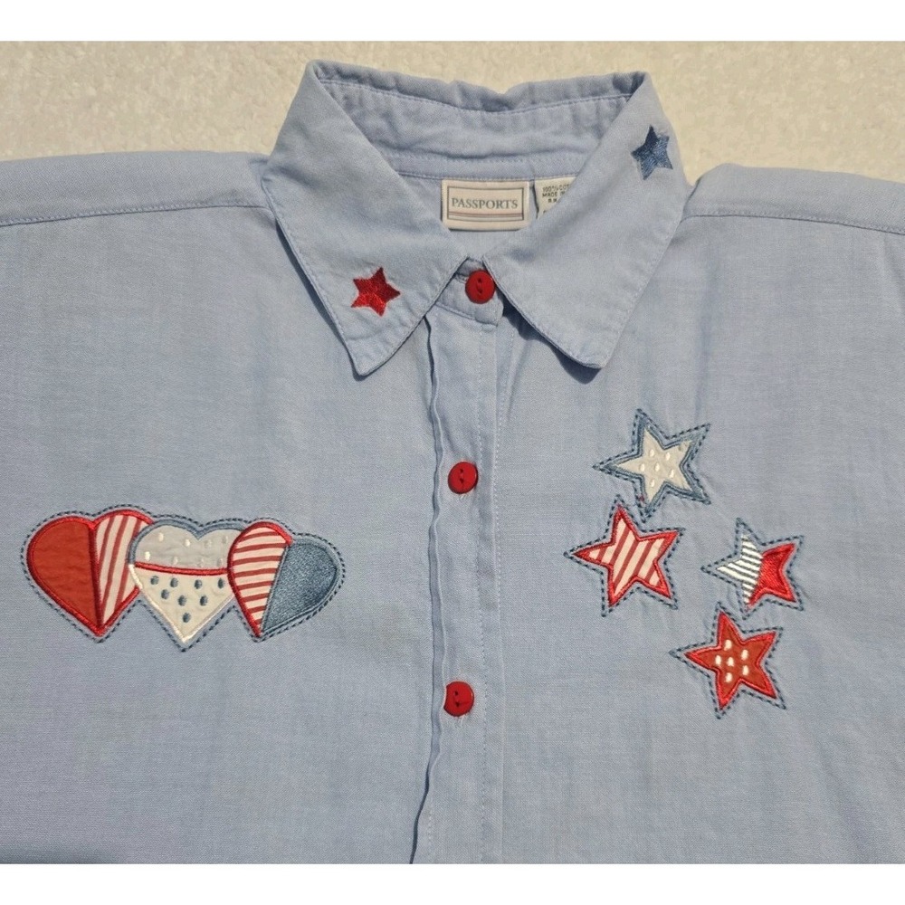 VTG Passports Light Blue Chambray L Button Up Women Shirt Patriotic Embroidered - Picture 4 of 6